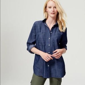 Lightweight chambray denim tunic long button down shirt XS